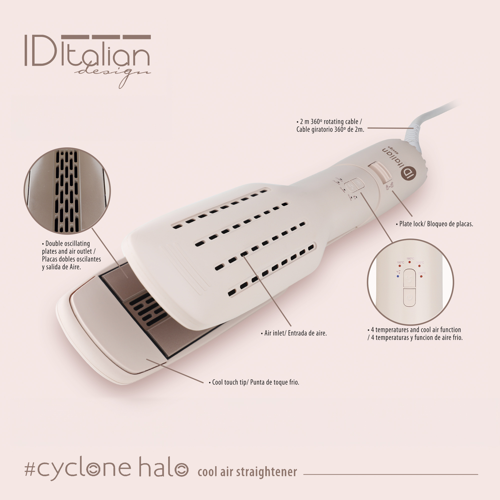 Wyświetlono kremową prostownicę do włosów z wlotami powietrza, a także szczegóły, takie jak ustawienia temperatury i obrotowy kabel.