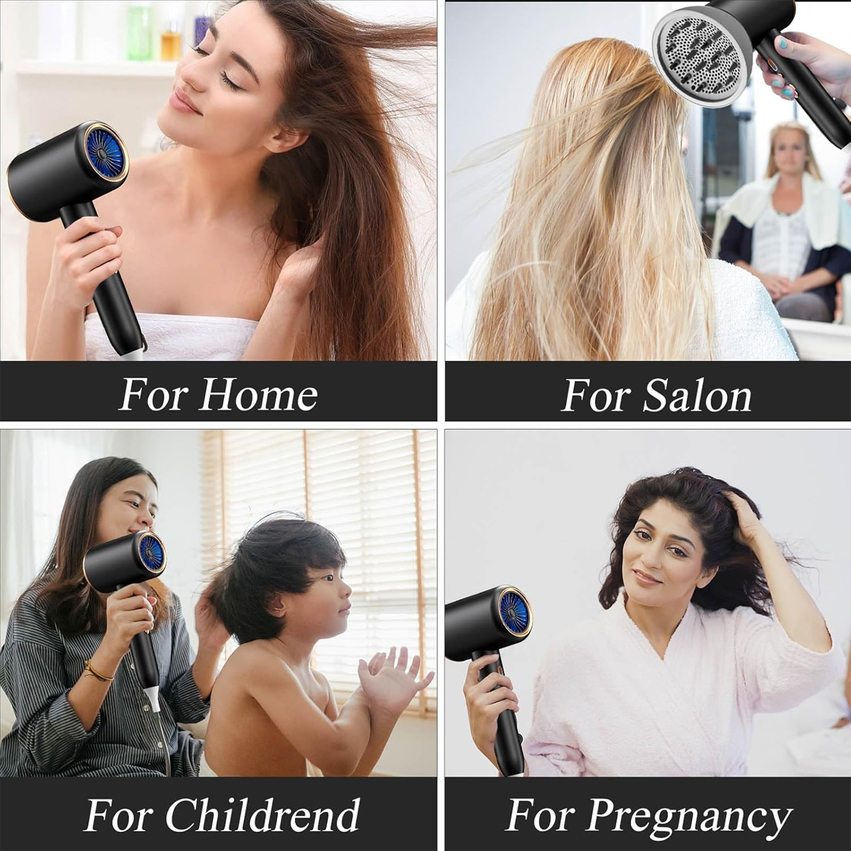 Das Bild zeigt einen Haartrockner, der von Frauen und einem Kind benutzt wird. Die Szenen sind mit 'Für Zuhause', 'Für den Salon', 'Für Kinder' und 'Für die Schwangerschaft' beschriftet.
