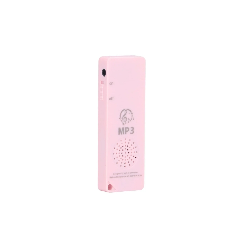 Ein pinkfarbener MP3-Player mit Ein-/Ausschalter, Lautsprecherlöchern und Kopfhöreranschluss. Der Text 'MP3' und eine Note sind sichtbar.