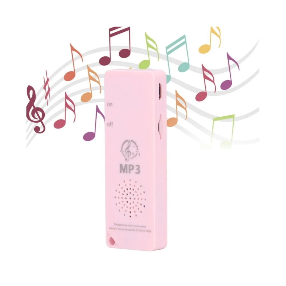 Ein rosa MP3-Player mit Noten drumherum. Der Player hat Ein/Aus-Tasten und einen Lautsprecher.