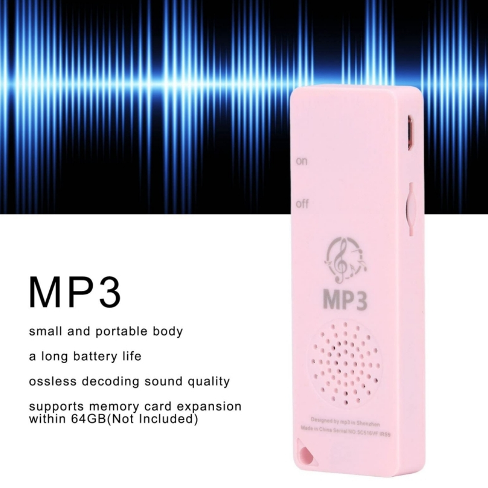 Rosa MP3-Player mit Ein-/Aus-Tasten, Lautsprecher und Musiknoten-Logo. Hintergrund mit blauem Schallwellendesign.