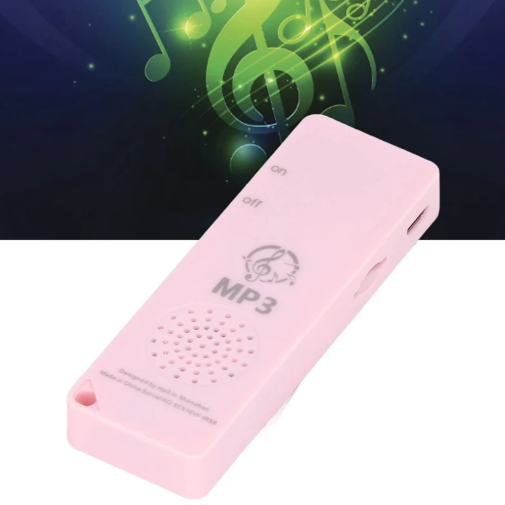 Ein rosa MP3-Player mit Ein-/Ausschalter, Lautsprecher und Notenlogo. Der Hintergrund hat grüne Noten auf einem dunkelblauen Farbverlauf.