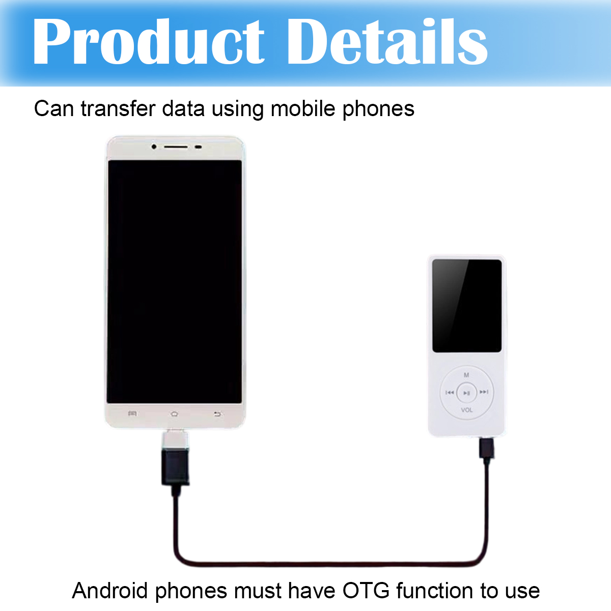 Das Bild zeigt ein Telefon und einen MP3-Player, die über ein Kabel verbunden sind. Text besagt, dass Datenübertragung per Handy möglich ist.