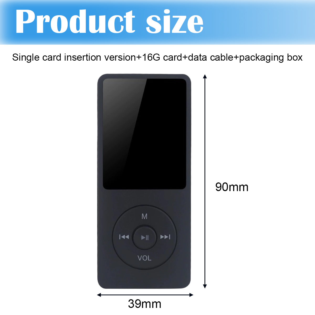 Schwarzer MP3-Player mit Bildschirm und Knöpfen. Abmessungen sind 90 mm x 39 mm. Oben steht 'Produktgröße'.