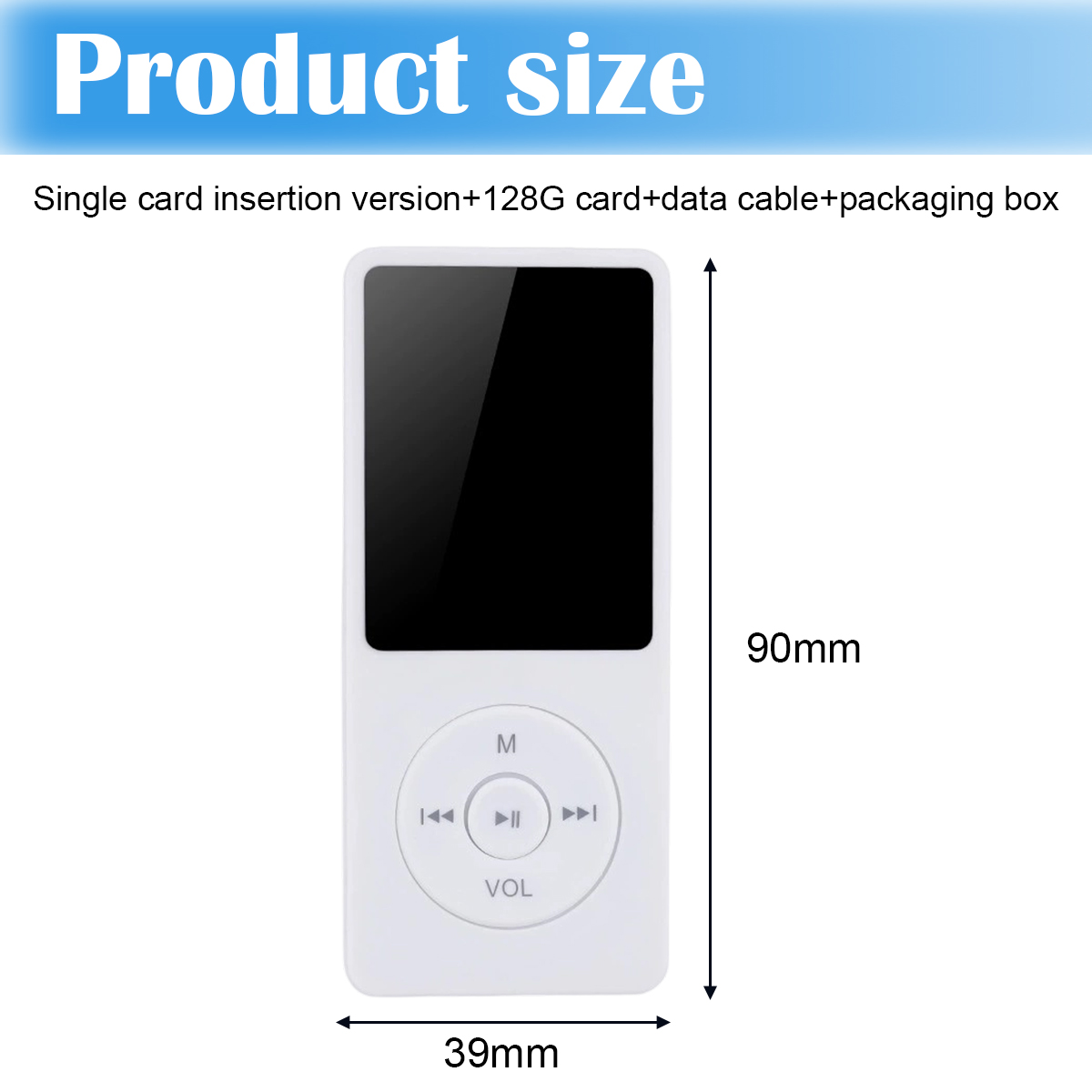 Weißer MP3-Player mit schwarzem Bildschirm und Bedientasten. Maße: 90mm x 39mm. Text: Produktgröße, Karteneinführungsversion.