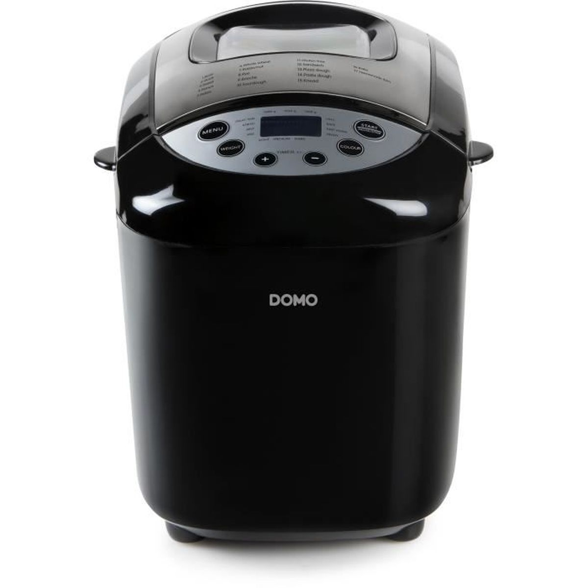 Schwarze Brotbackmaschine von Domo. Sie hat ein Digitaldisplay, Tasten für Menü, Gewicht und Farbe und einen Griff oben.