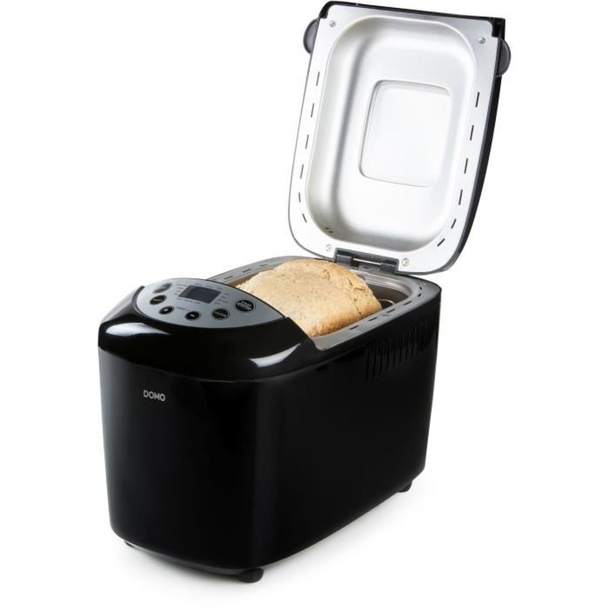 Ein schwarzer Brotbackautomat mit offenem Deckel, der einen Brotlaib im Inneren zeigt. Das Wort 'DOMO' ist sichtbar.