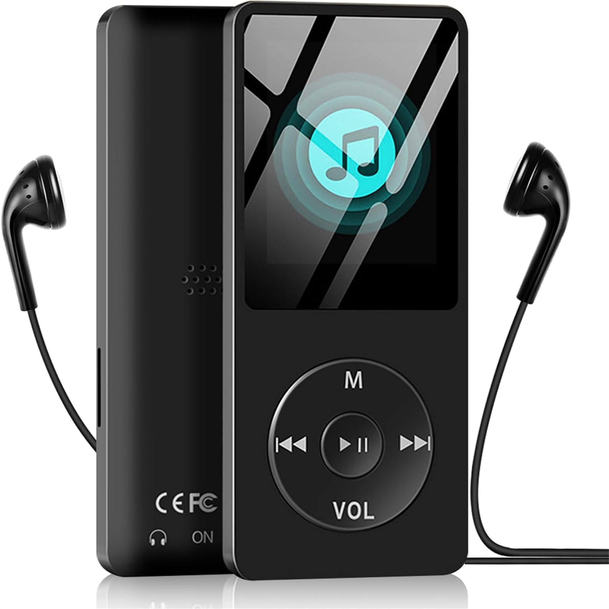 Ein schwarzer MP3-Player mit Kopfhörern. Es hat einen Bildschirm und Steuertasten. Der Bildschirm zeigt eine Musiknote.