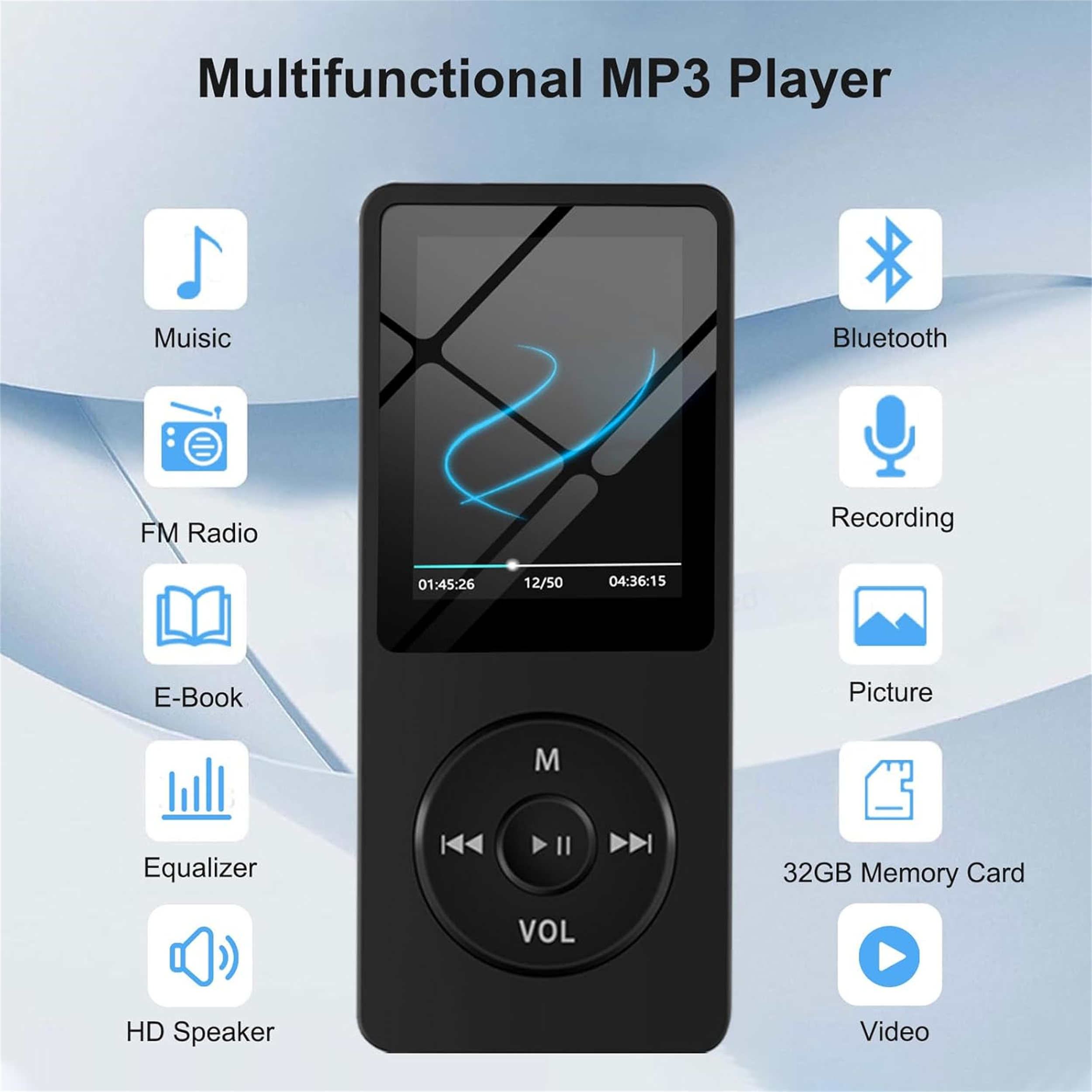 Schwarzer MP3-Player mit Bildschirm. Zeigt Musik, Bluetooth, FM-Radio und andere Funktionen. Hat Steuertasten.