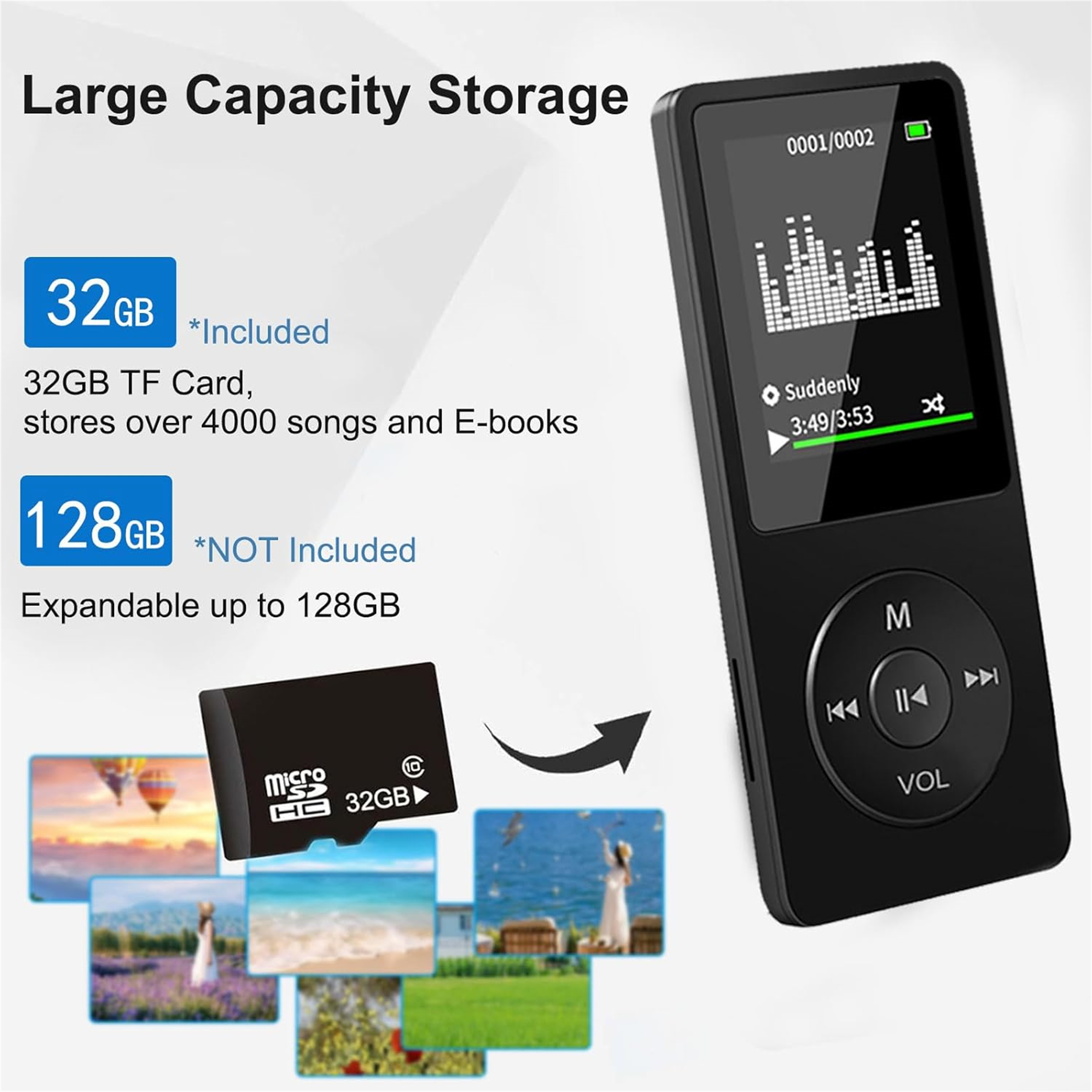 Schwarzer MP3-Player mit Bildschirm. Enthält eine 32-GB-TF-Karte und erweiterbaren Speicher bis zu 128 GB.