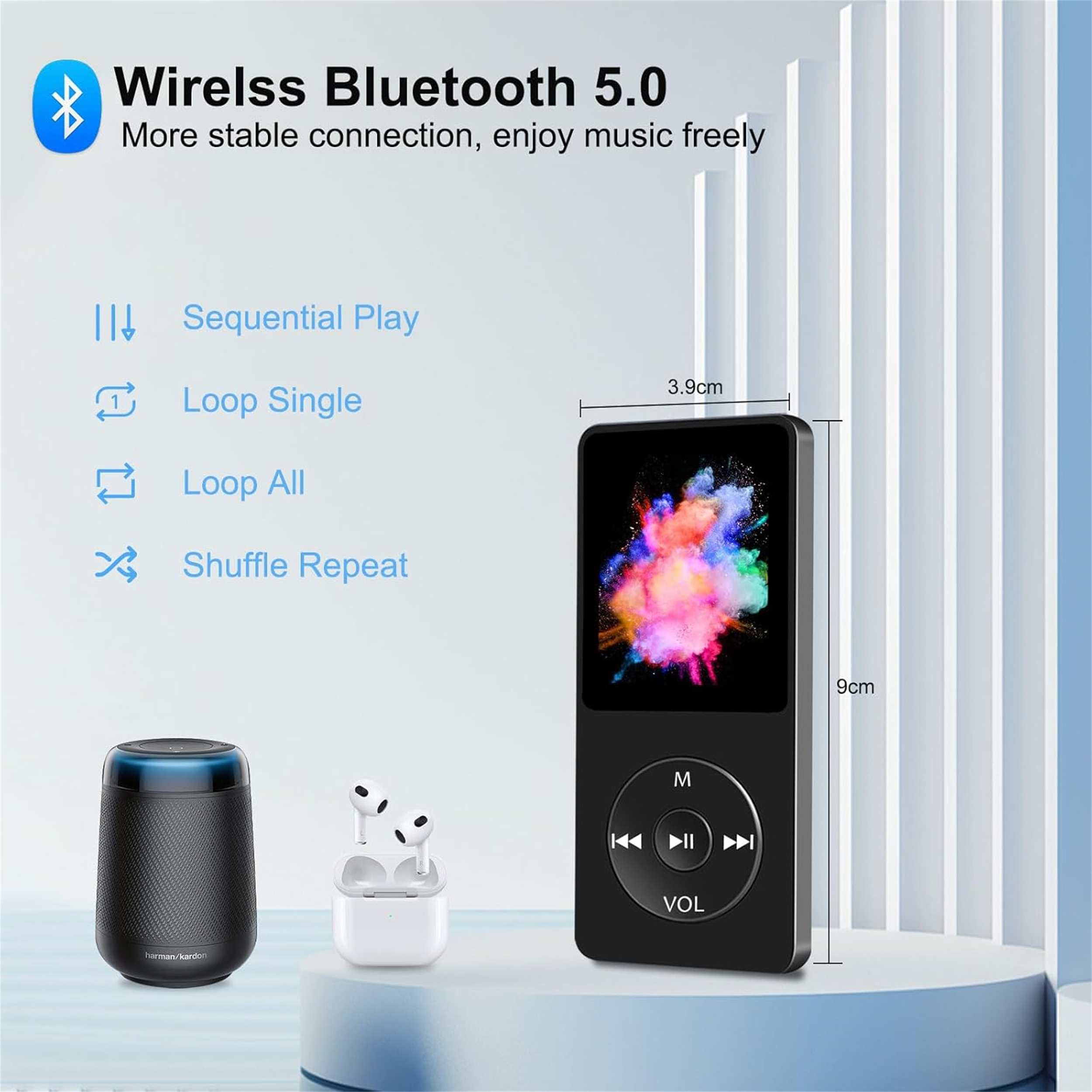 Schwarzer MP3-Player mit Bildschirm, Lautsprecher und Ohrhörern. Bluetooth 5.0 und Musikfunktionen werden hervorgehoben.