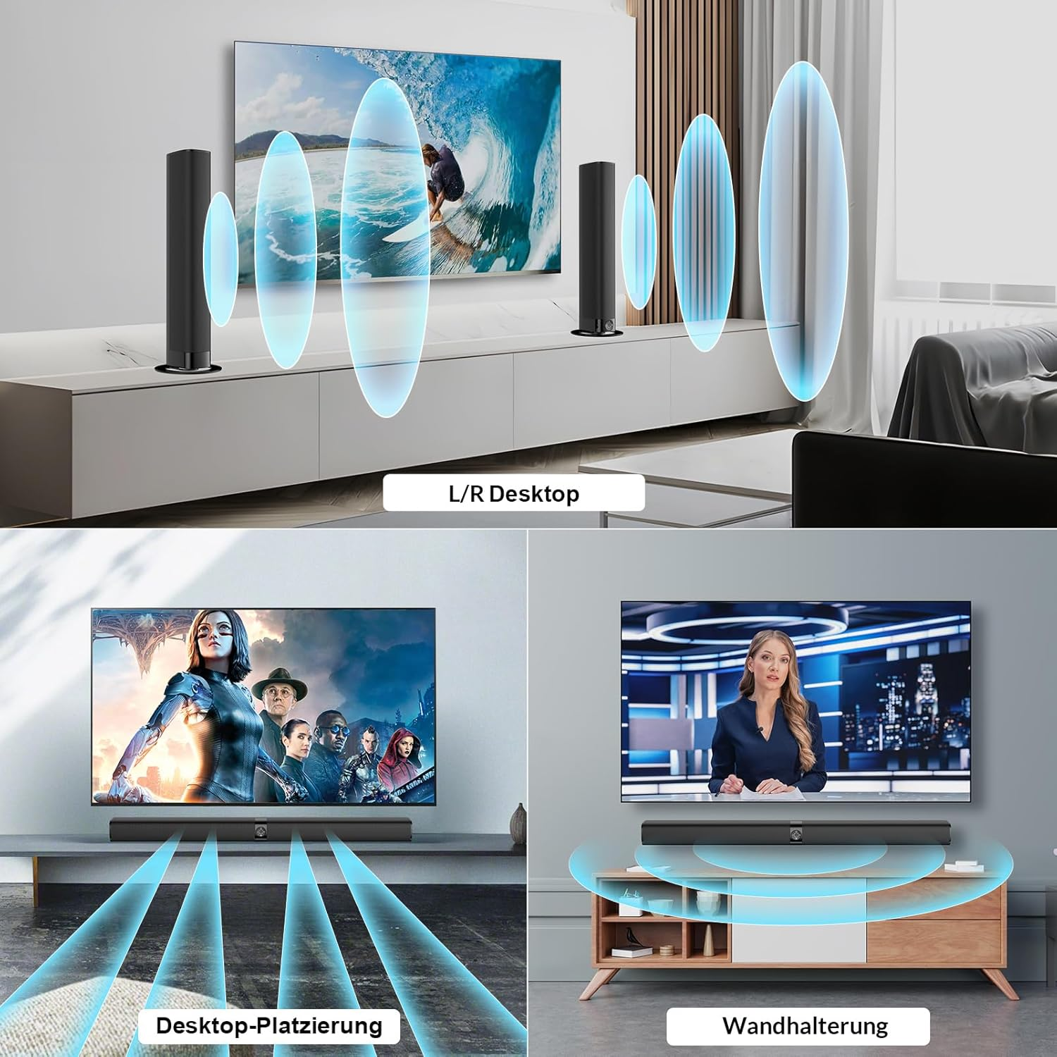 Obraz przedstawia opcje konfiguracji soundbaru: głośniki biurkowe L/R, soundbar na stojaku TV i montaż na ścianie.