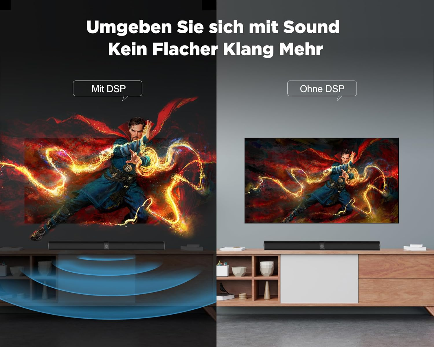 Obraz pokazuje porównanie podzielonego ekranu. Doctor Strange jest po obu stronach. Tekst mówi: Otocz się dźwiękiem. Koniec z płaskim dźwiękiem.