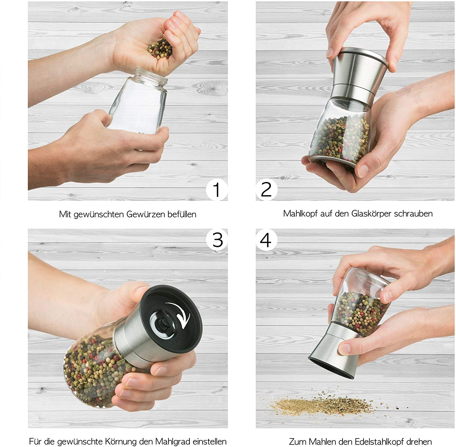 Hände füllen einen Glas-Gewürzstreuer mit Pfefferkörnern, montieren, mahlen und mahlen Gewürze.