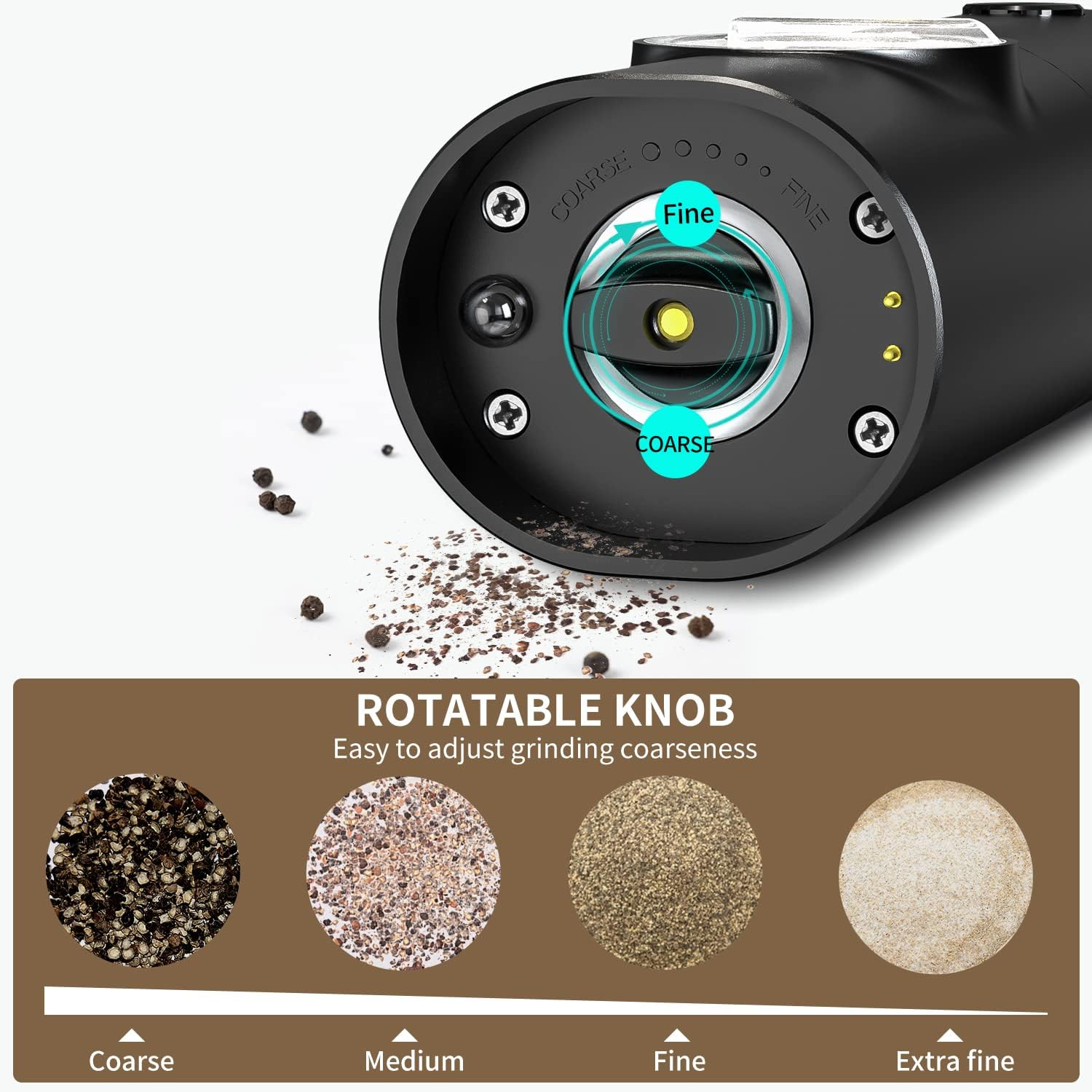 Schwarze elektrische Pfeffermühle mit einstellbarem Mahlgrad. Zeigt grobe bis extrafeine Texturen. Pfefferkörner und gemahlener Pfeffer sind sichtbar.