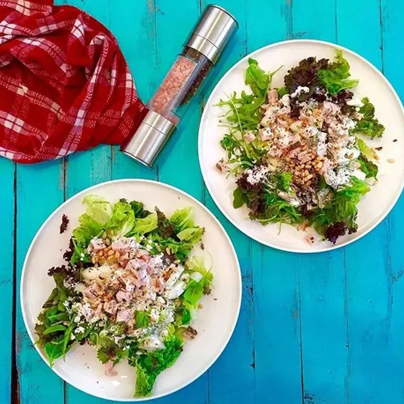 Zwei Salate auf weißen Tellern, rot kariertes Tuch, Salzstreuer auf blauem Holztisch. Das Essen ist frisch und gesund.