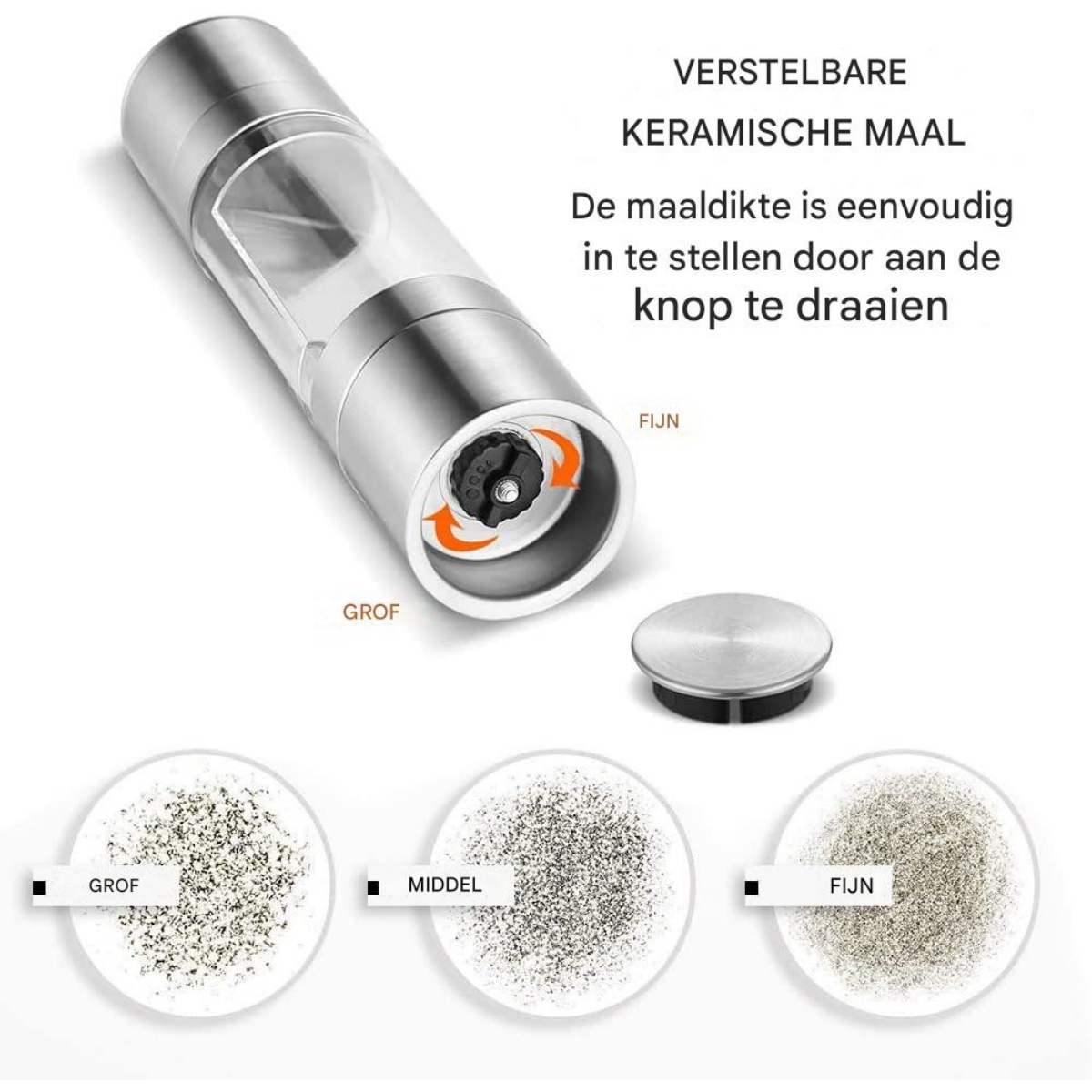 Ein klarer, silberner Grinder mit einstellbarem Keramikmahlwerk. Drei Proben zeigen verschiedene Mahlgrade von grob bis fein.