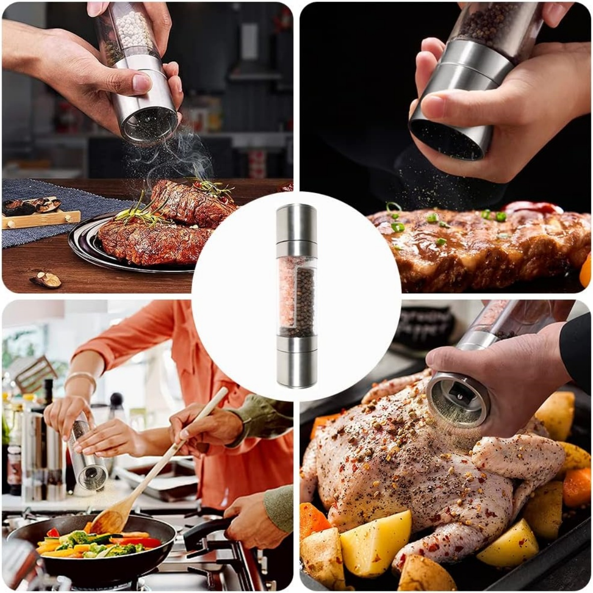 Das Bild zeigt einen Doppelmahlwerk, mit dem Speisen gewürzt werden. Es wird für Steaks, Rippchen, Gemüse und Hähnchen verwendet.