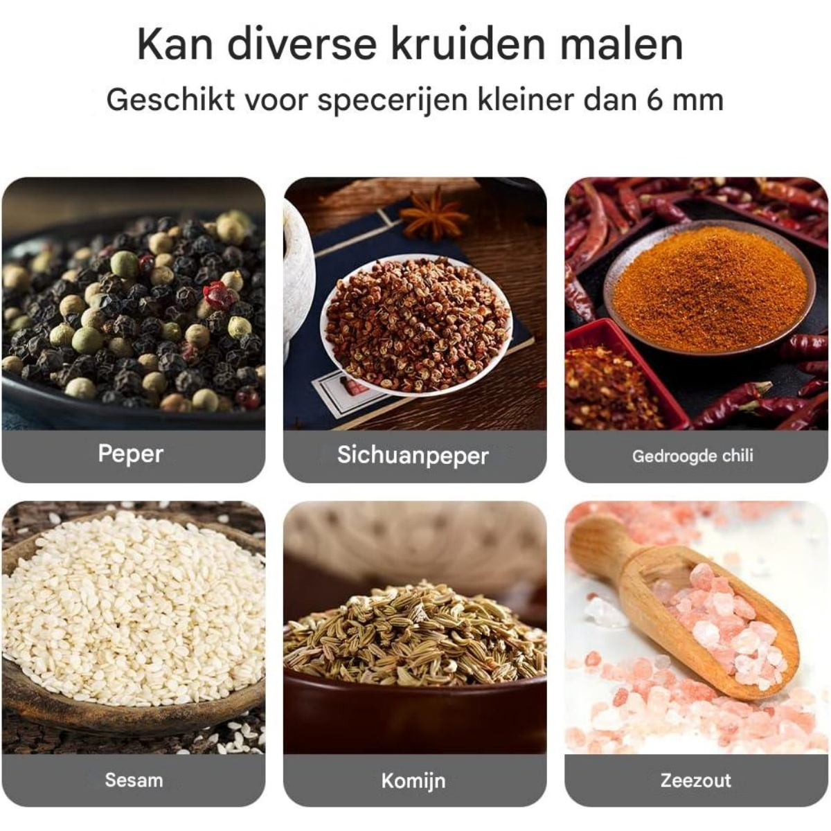 Das Bild zeigt verschiedene Gewürze: Pfefferkörner, Sichuanpfeffer, Chilipulver, Sesamsamen, Kreuzkümmel und Meersalz, jeweils in einer Schüssel oder einem Löffel.