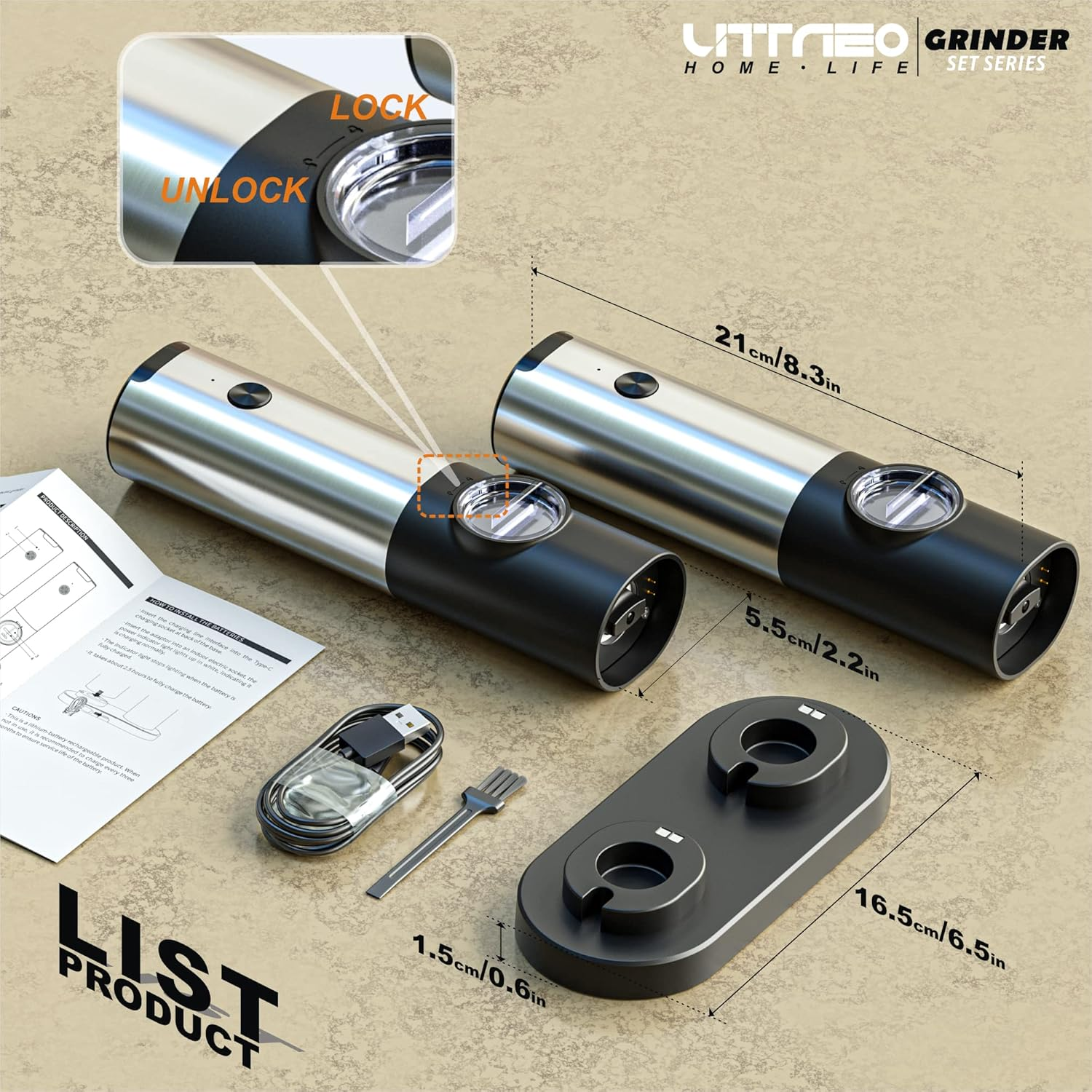 Produktset: Mühlen, Ladestation, USB-Kabel und Handbuch. Enthält Abmessungen. Text zeigt 'Lock' und 'Unlock'.