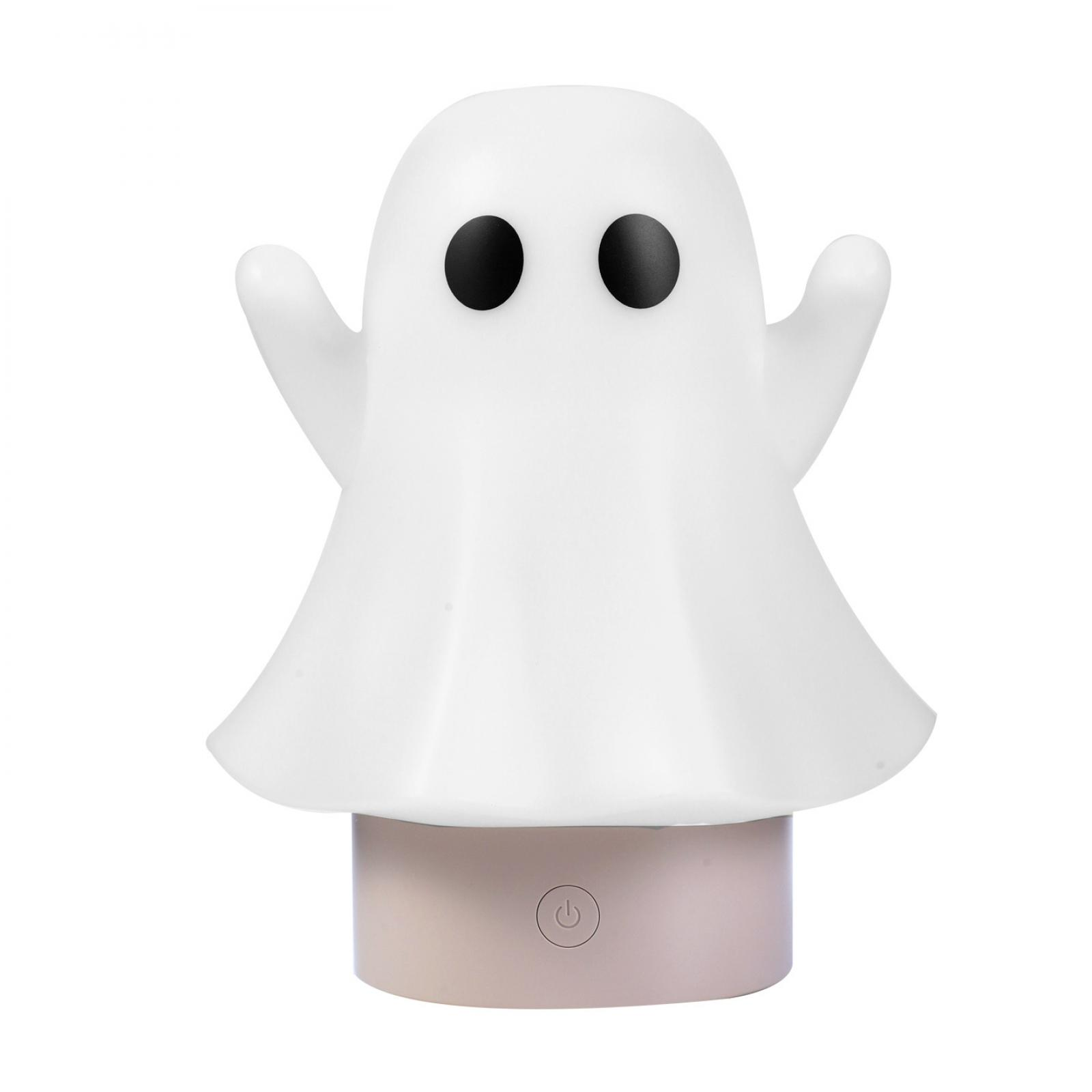Eine weiße geisterförmige Lampe mit schwarzen Augen und Armen auf beigefarbenem Sockel mit Power-Taste.