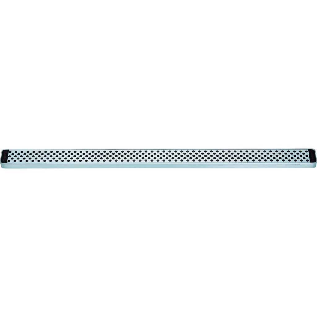 Ein hellblauer Messerhalter mit vielen kleinen schwarzen Löchern. Schwarze Ränder an beiden Enden. Weißer Hintergrund.