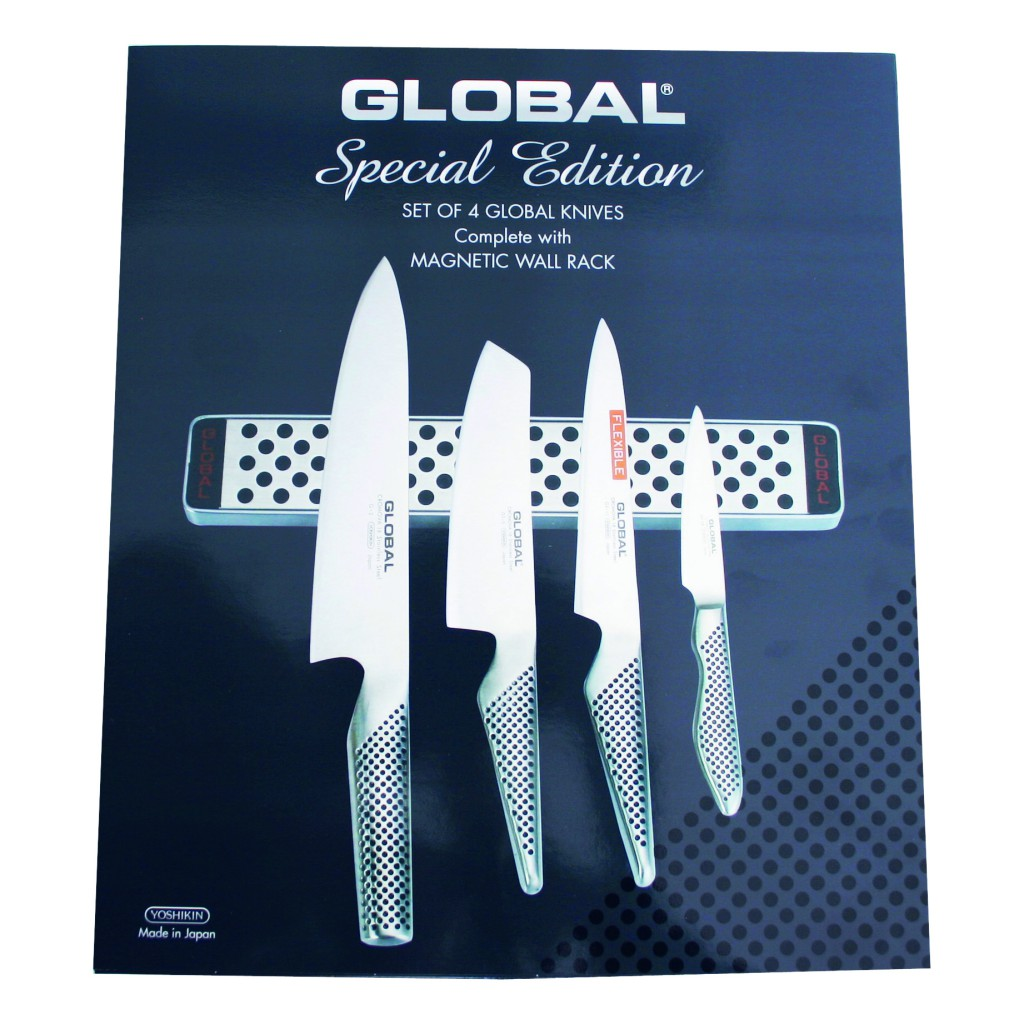 Ein Set aus vier Global-Messern auf einer magnetischen Wandhalterung. Auf der Box steht 'Special Edition' und 'Made in Japan'.