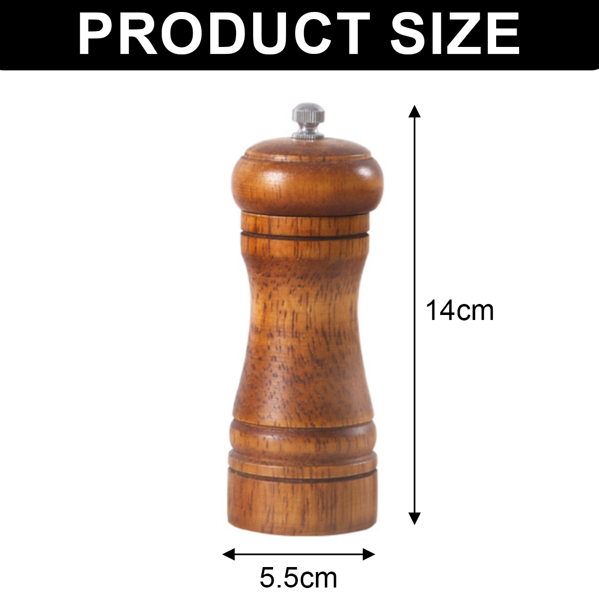Holzpfeffermühle. Sie ist 14 cm hoch und 5,5 cm breit. Oben steht der Text 'PRODUCT SIZE'.