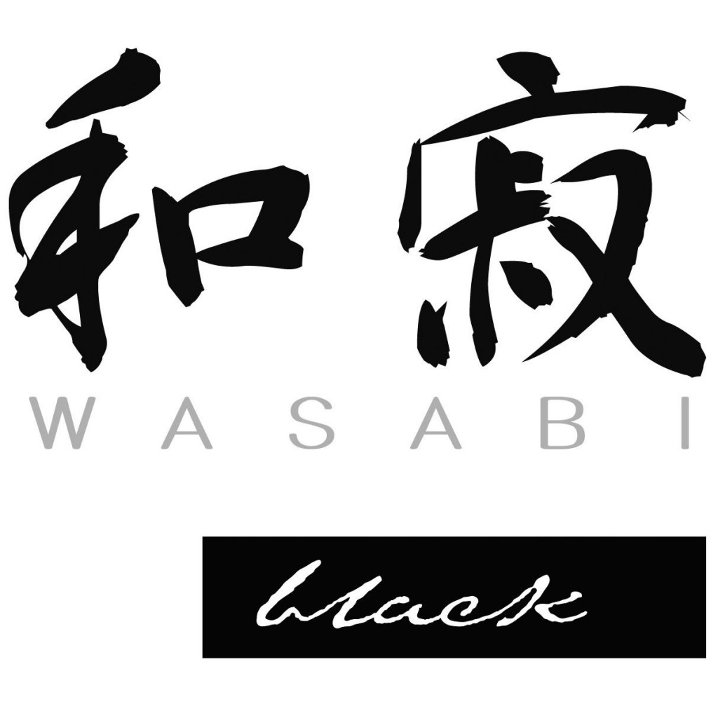 Schwarze japanische Schriftzeichen und 'WASABI' in Grau. Darunter ein schwarzes Rechteck mit dem Wort 'black' in weißer Schrift.