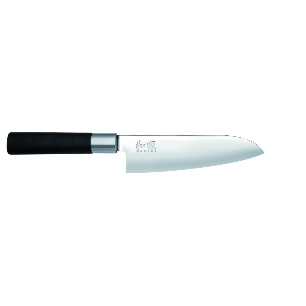 Ein Küchenmesser mit schwarzem Griff und silberner Klinge. Die Klinge hat eine gebogene Spitze und ein Logo ist sichtbar.