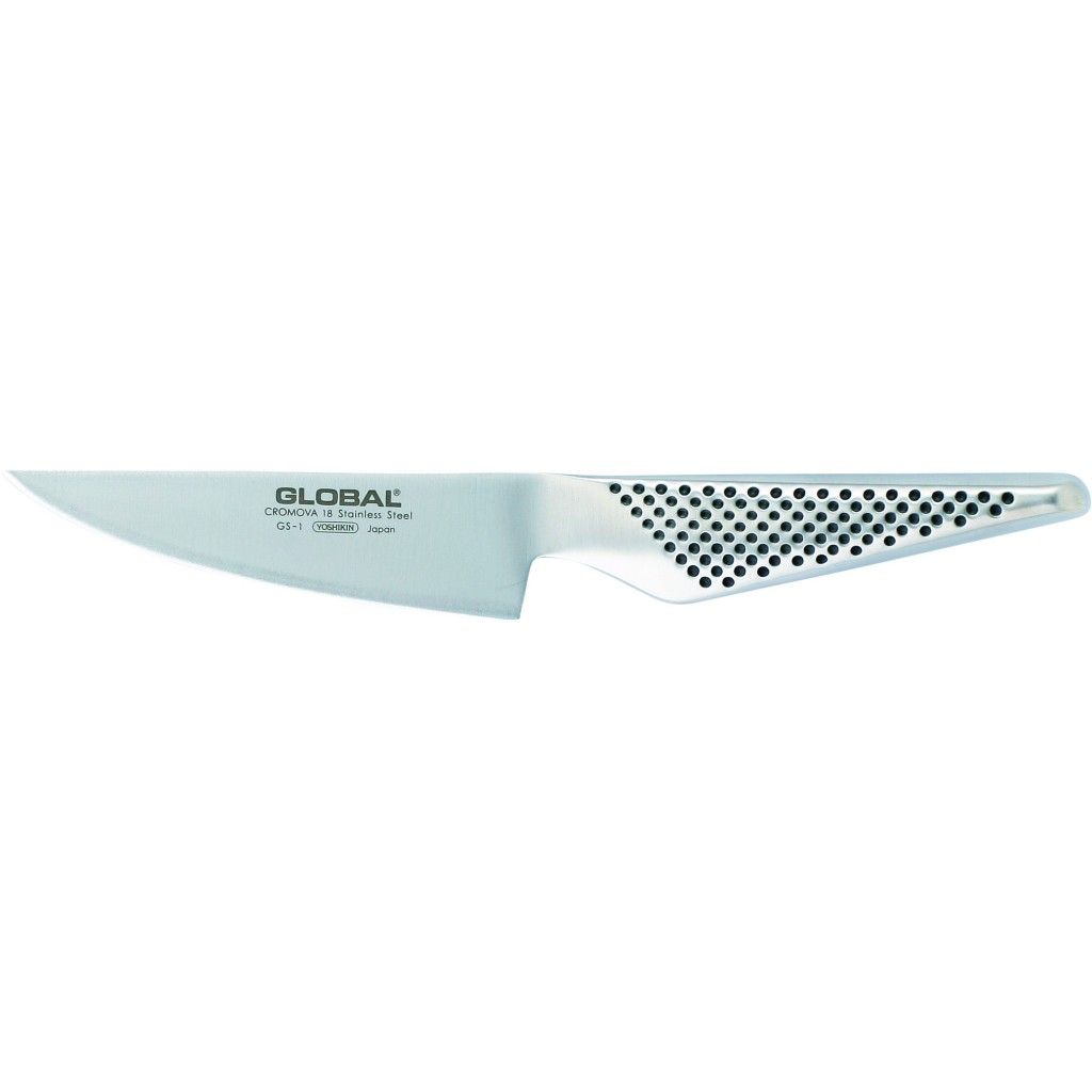Ein Edelstahlmesser von Global, Modell GS-1, mit gebogener Klinge und gepunktetem Griff, vor weißem Hintergrund.