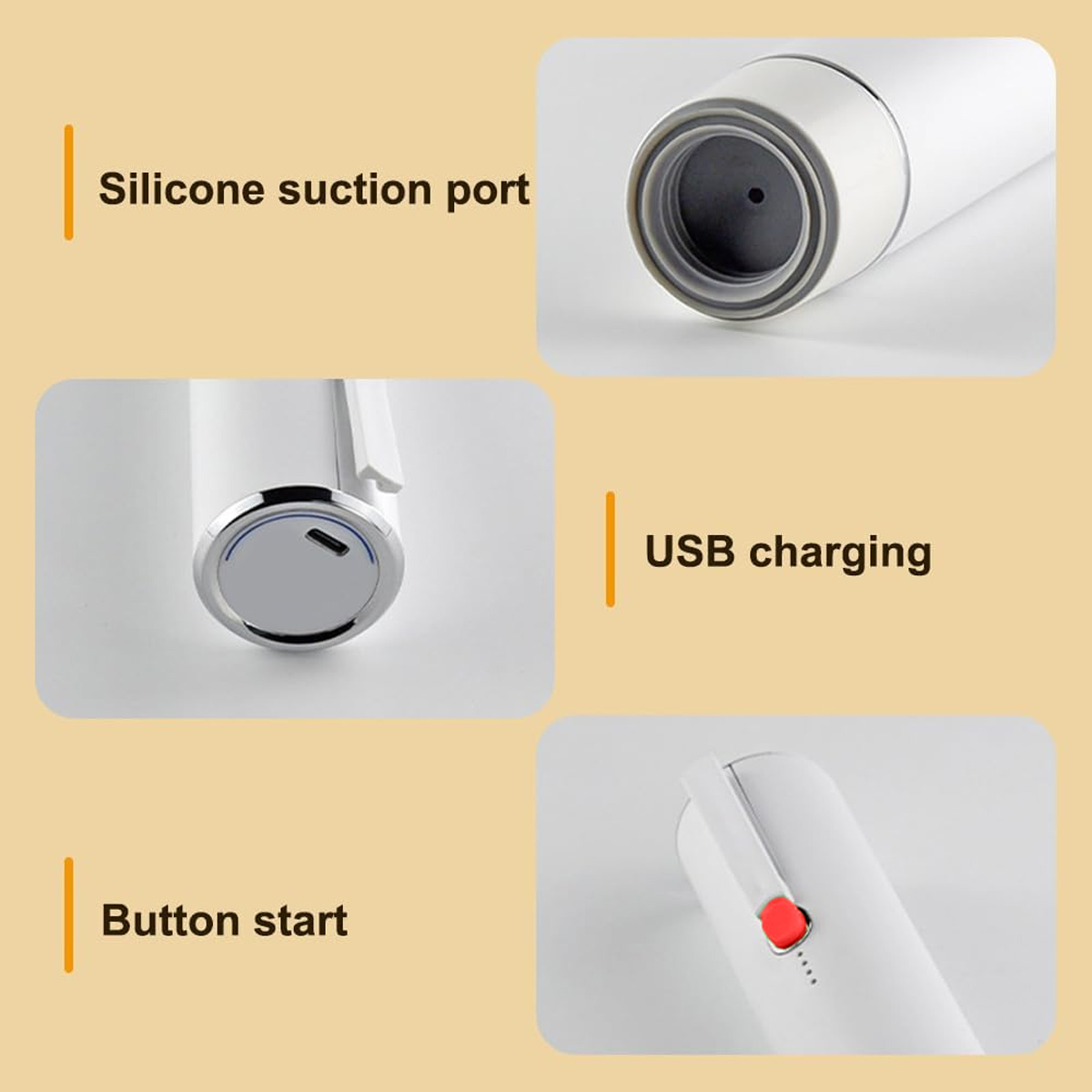 Das Bild zeigt ein weißes Gerät mit beschrifteten Abschnitten: Silikonsauganschluss, USB-Aufladung und Starttaste. Details umfassen einen roten Knopf.