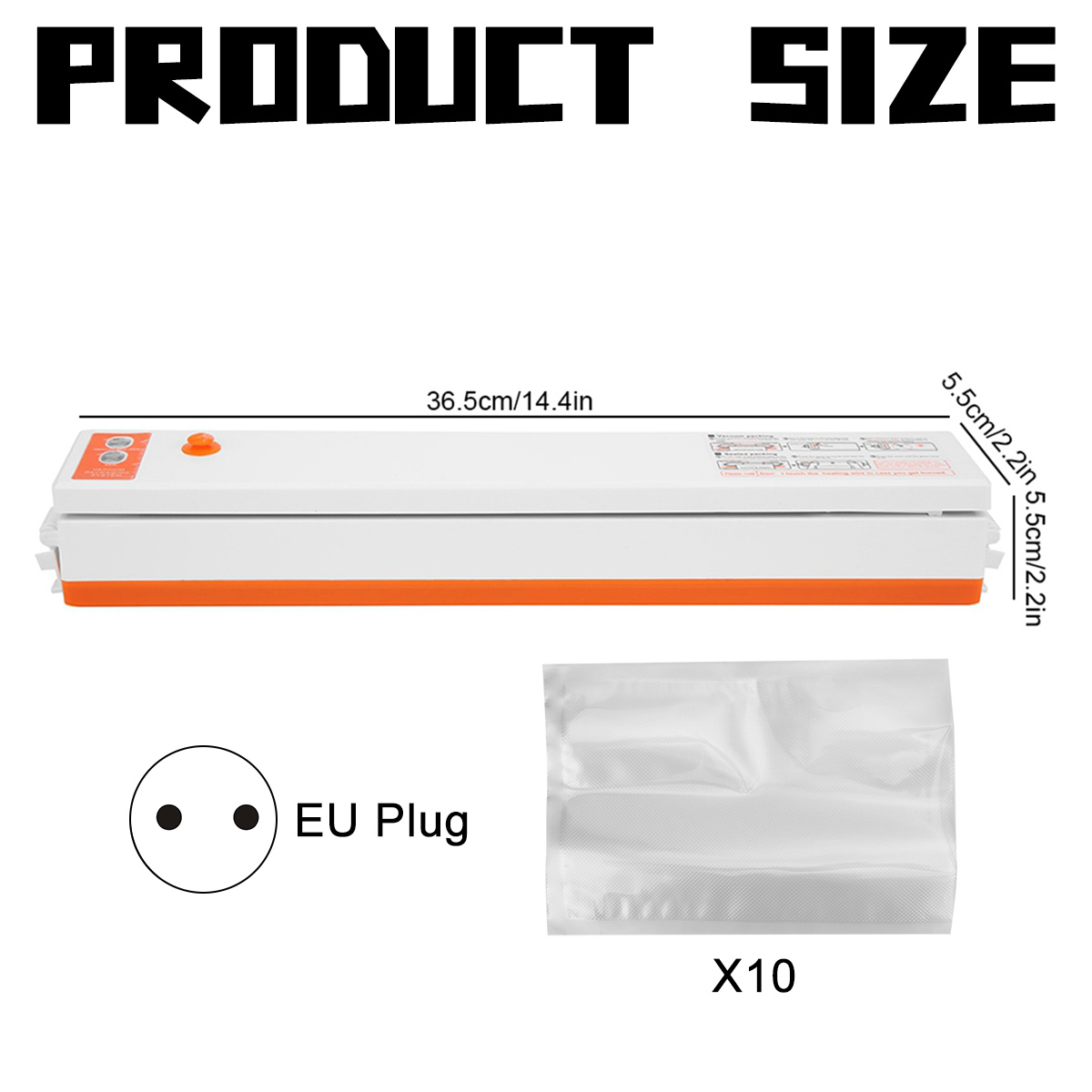 Ein weißes und orangefarbenes Vakuumiergerät mit EU-Stecker und 10 Vakuumbeuteln, mit Produktgrößenangabe.