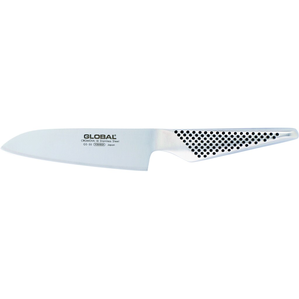 Ein Edelstahlmesser von Global, Modell GS-35, liegt horizontal. Der Griff hat schwarze Punkte. Die Klinge hat die Global- und Yoshikin-Logos.