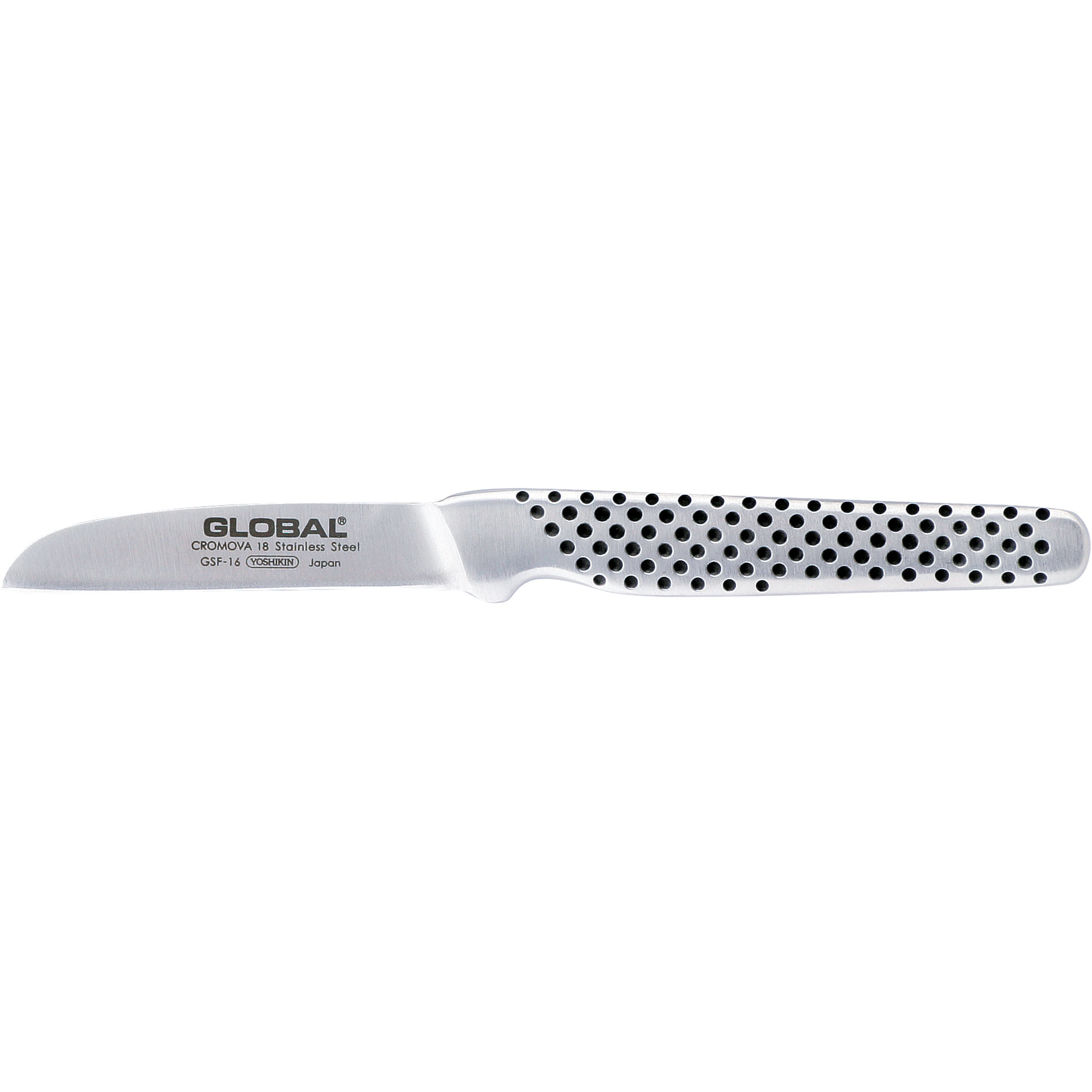 Ein Edelstahl-Schälmesser mit Klinge und Griff mit schwarzen Punkten. Das Messer hat den Markennamen GLOBAL.