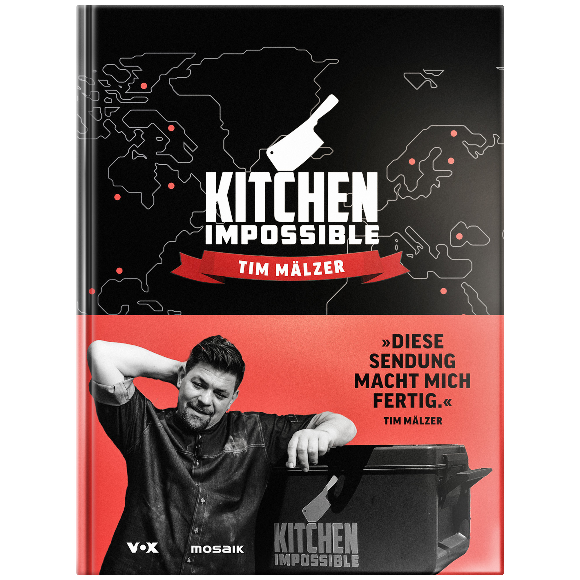 Buchcover für 'Kitchen Impossible'. Ein Mann lehnt an einem schwarzen Koffer. Text enthält Titel und Autorennamen.