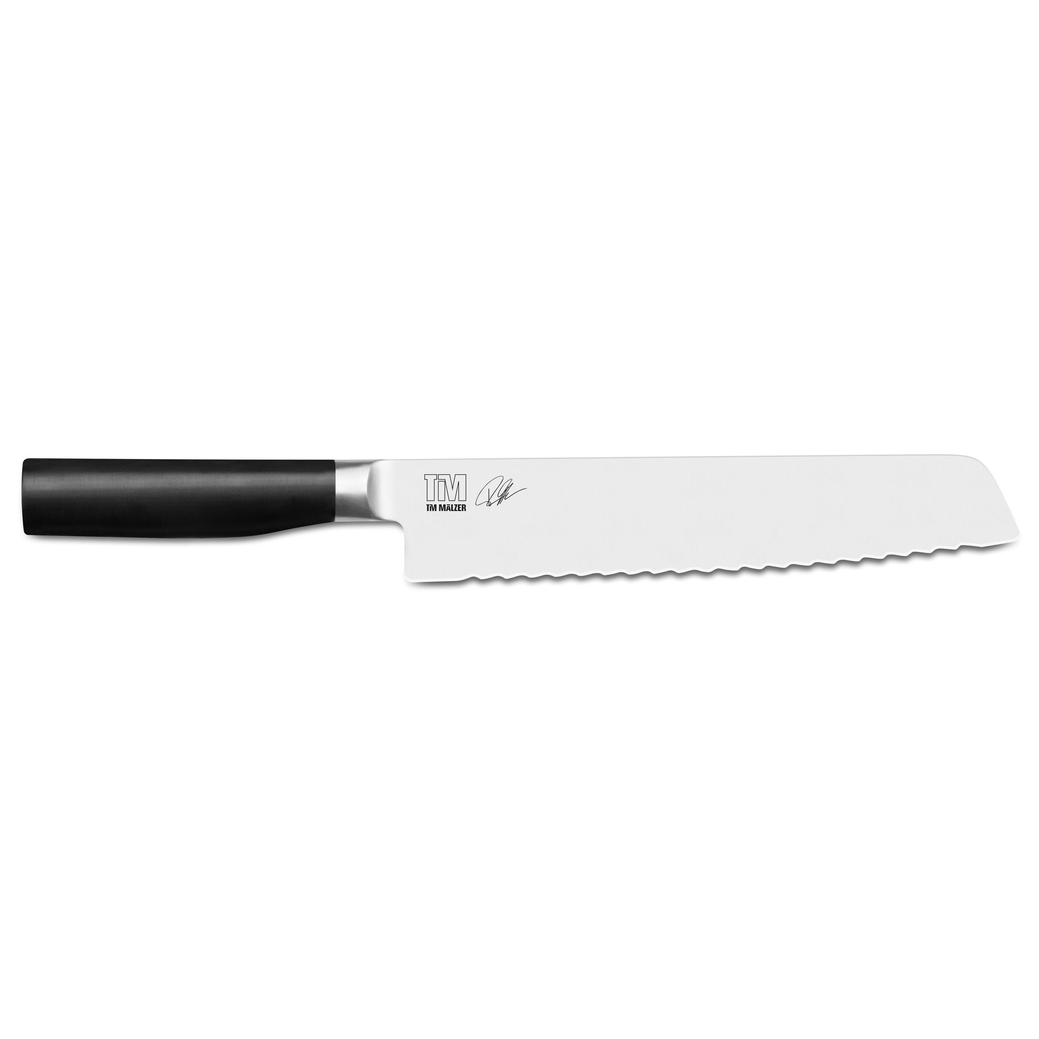 Ein weißes Brotmesser mit schwarzem Griff auf weißem Hintergrund. Das Messer hat das Logo 'TM TIM MALZER'.