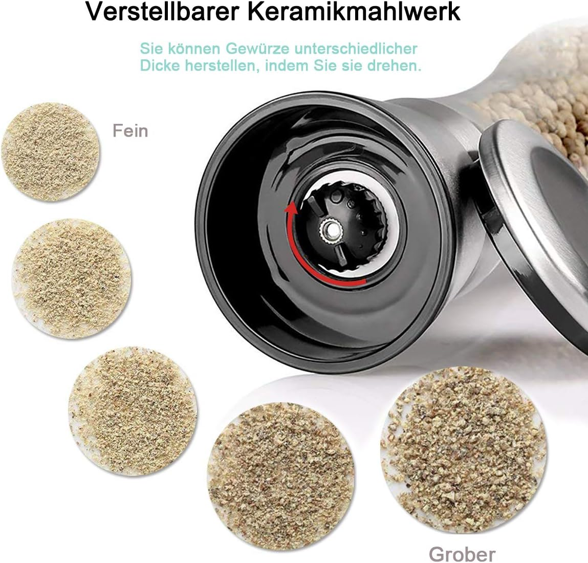 Nahaufnahme einer Gewürzmühle mit Pfefferproben in verschiedenen Größen. Die Mühle ist schwarz und silber.