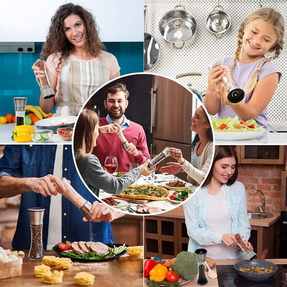 Menschen benutzen in verschiedenen Küchen Grinder. Szenen umfassen Essenszubereitung, Essen und Kochen.