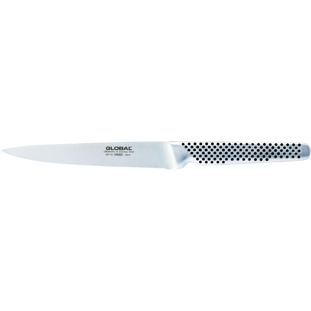 Ein Edelstahlmesser von Global. Die Klinge ist scharf und der Griff hat ein gepunktetes Muster. Das Messer ist zentriert.