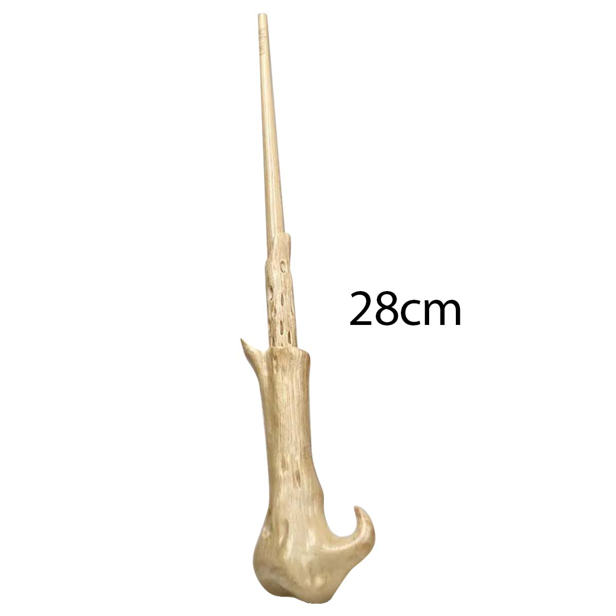 Ein goldbrauner Zauberstab mit gebogenem Griff und langem, dünnem Oberteil. Der Text '28cm' steht daneben.