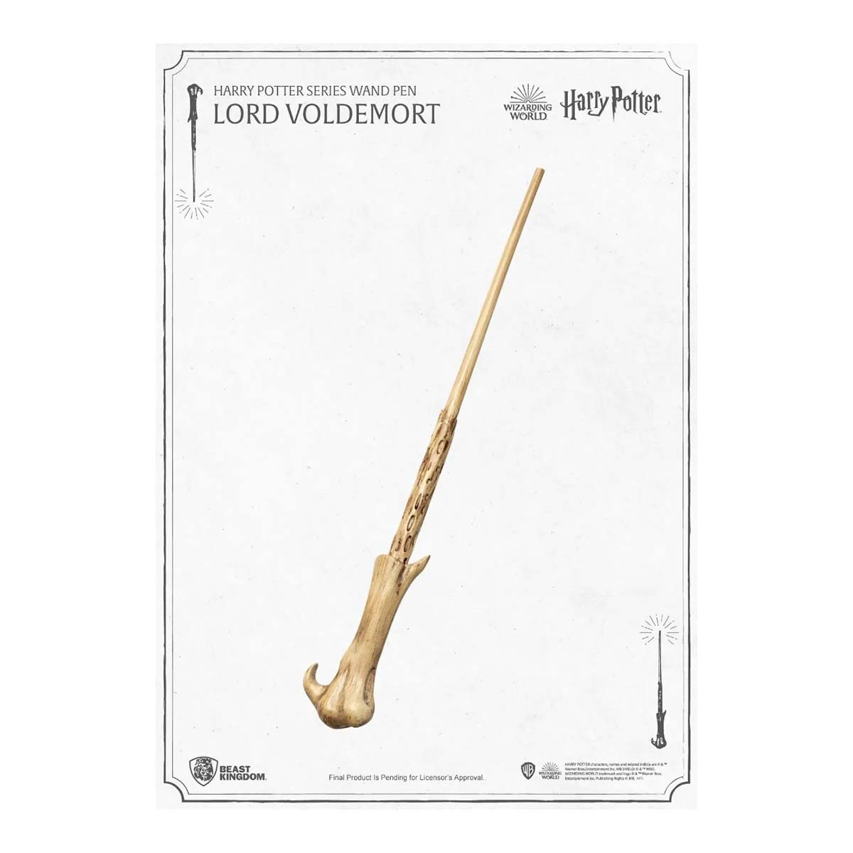 Ein Harry-Potter-Lord-Voldemort-Zauberstab-Stift. Der Zauberstab ist beige mit einem dunkelbraunen Griff und einem gebogenen Boden.