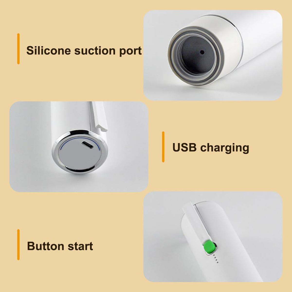 Weißes Gerät mit beschrifteten Teilen: Silikon-Sauganschluss, USB-Aufladung, Startknopf. Grüner Knopf und Ladelichter sichtbar.