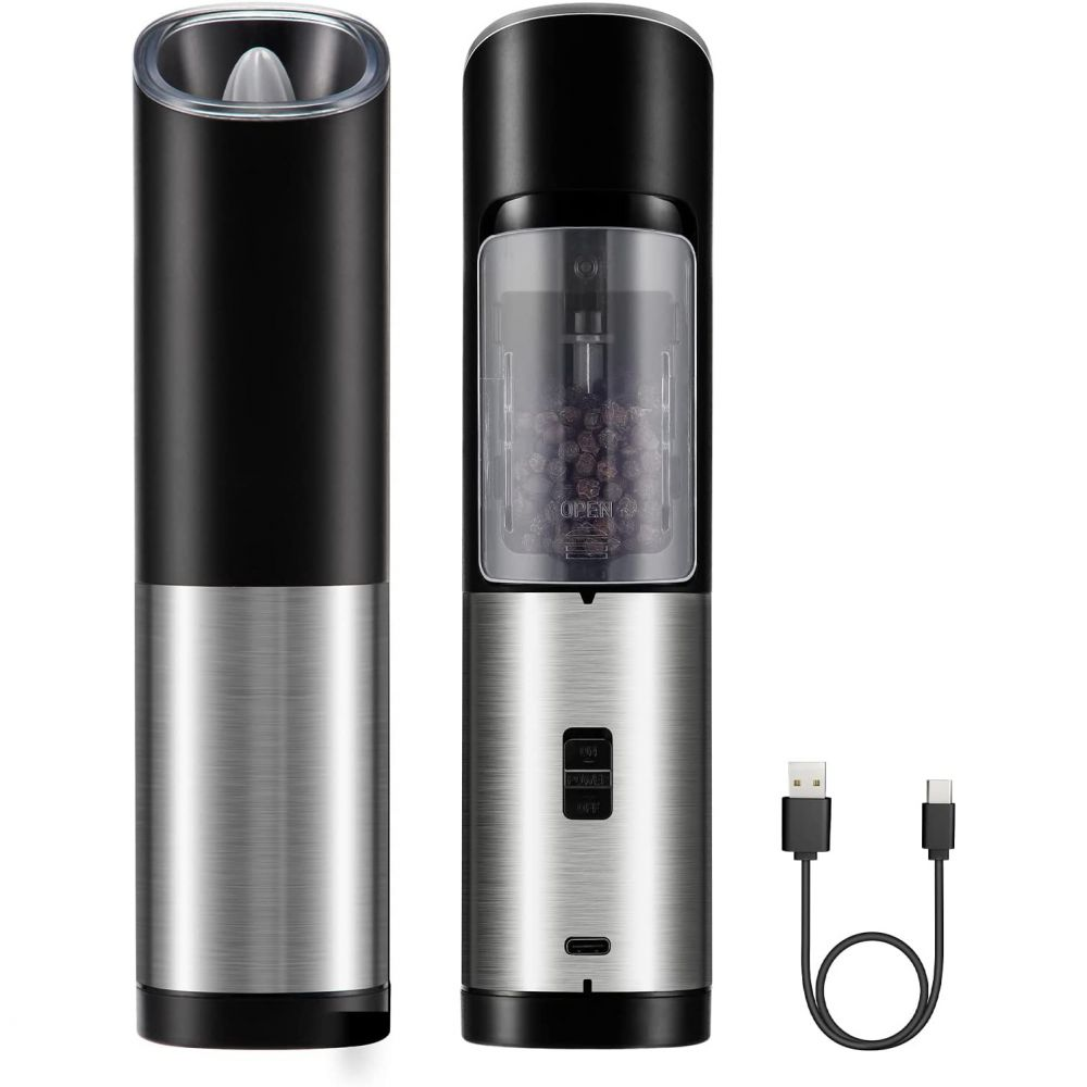 Elektrische Pfeffermühle mit Pfeffer, USB-Kabel und eine Mühle ohne Pfeffer. Edelstahl und schwarz.