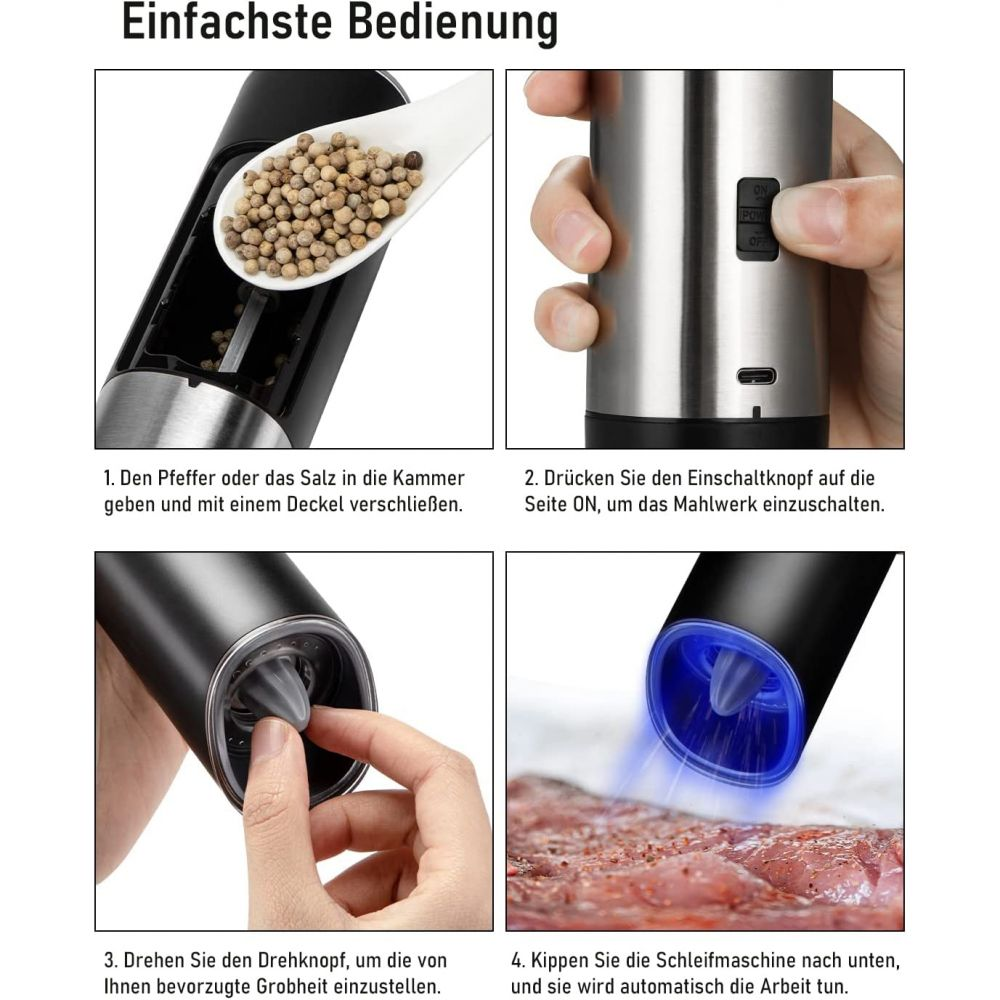 Anleitung zur Benutzung einer Pfeffermühle: Pfeffer hinzufügen, einschalten, Mahlgrad einstellen und zum Gebrauch kippen. Detaillierte Anleitung.