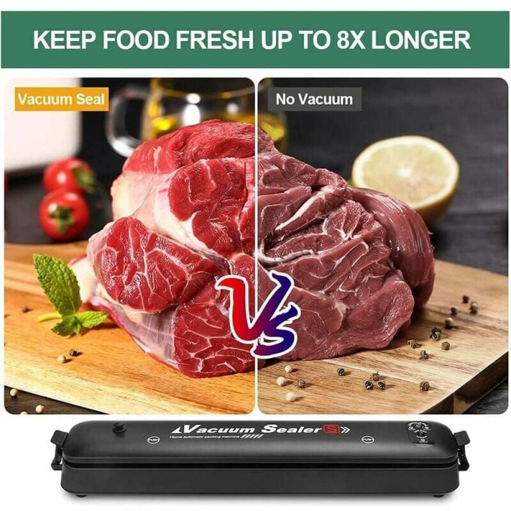 Das Bild zeigt einen Fleischvergleich. Die Vakuumseite hat rotes Fleisch, die ohne Vakuumseite ist grau. Unten ist ein Vakuumiergerät.