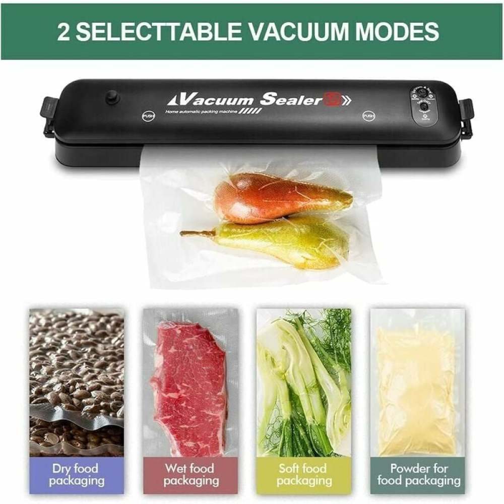 Ein Vakuumiergerät mit verpackten Lebensmittelproben: Nüsse, Fleisch, Gemüse und Pulver. Das Gerät ist schwarz, und der Text lautet: '2 wählbare Vakuummodi'.