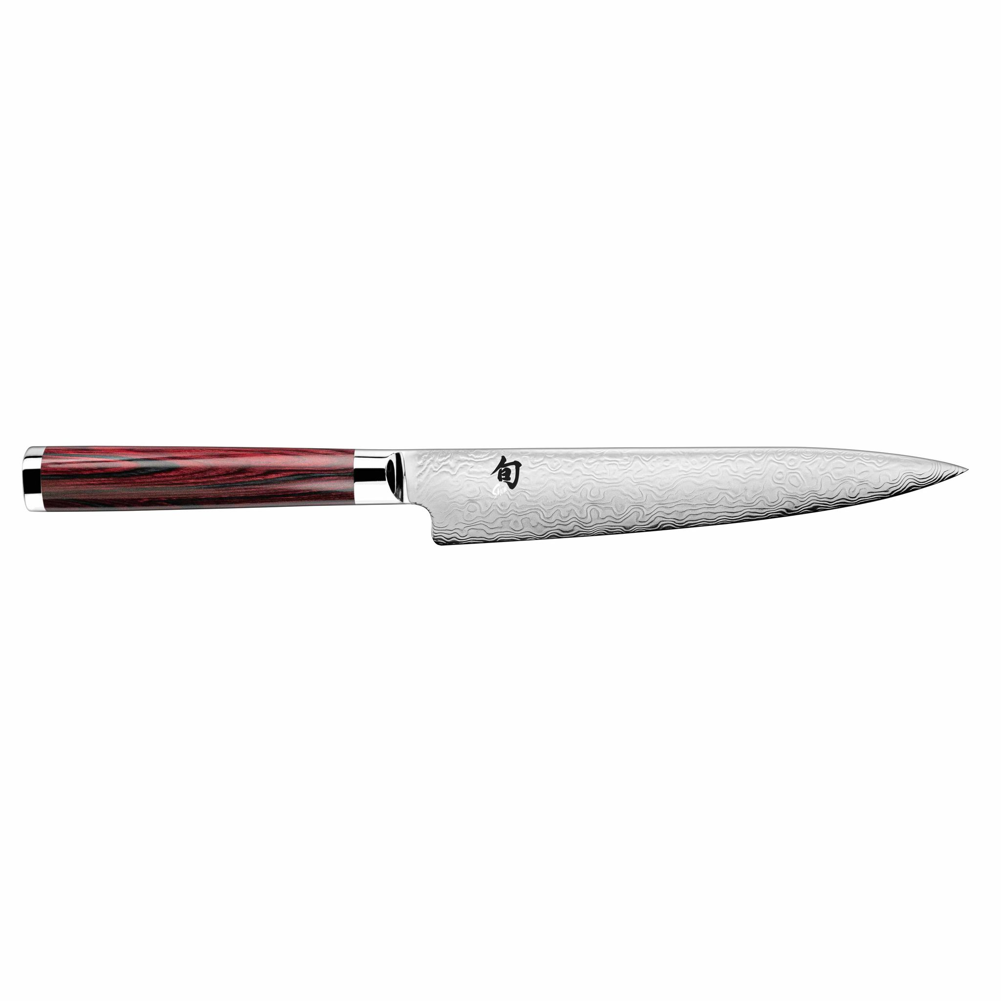 Ein langes, silbernes Messer mit gemusterter Klinge und einem rotbraunen Holzgriff, isoliert auf weißem Grund.