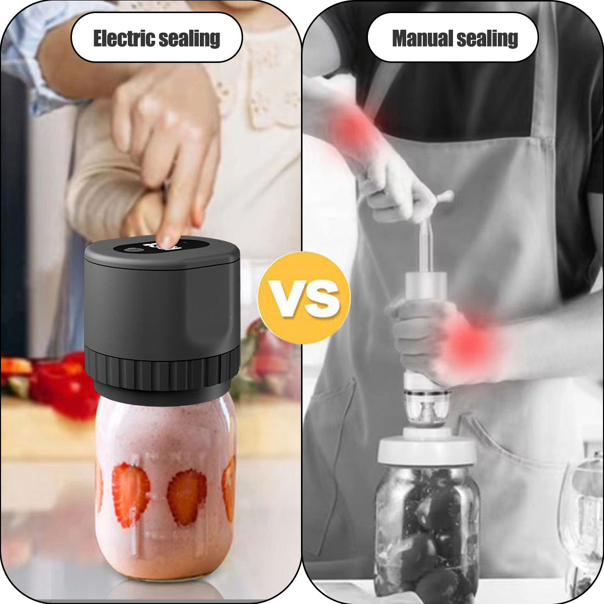Das Bild zeigt elektrisches vs. manuelles Verschließen von Gläsern. Links ist das elektrische Verschließen zu sehen, rechts das manuelle Verschließen. In der Mitte befindet sich ein 'VS'-Logo.