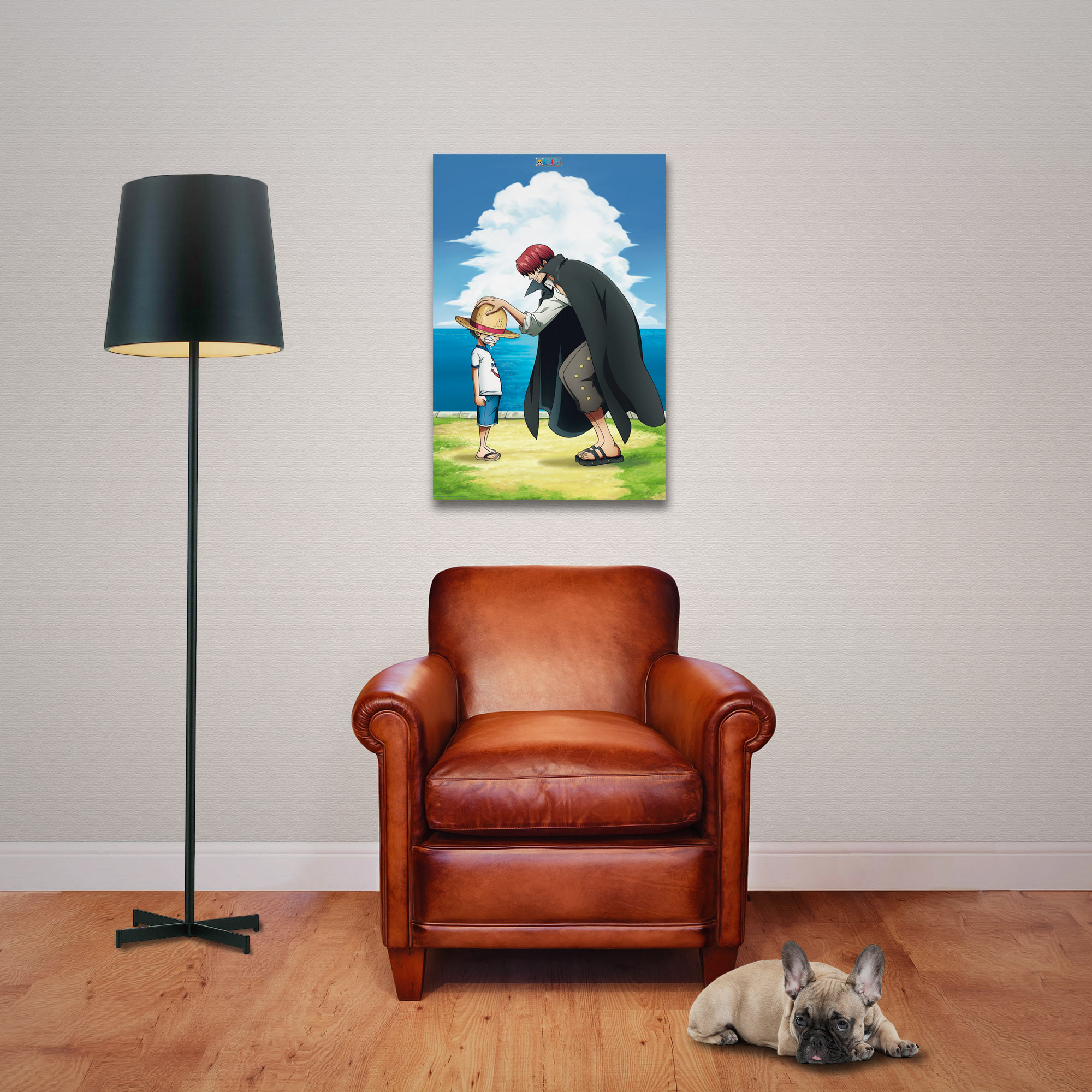 Ein Raum mit einem Gemälde, einem Ledersessel, einer Stehlampe und einem Hund. Das Gemälde zeigt zwei Charaktere am Meer.
